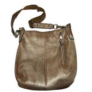 Vintage B. Makowsky Tan/Gold Distressed Leather Hobo Bag.